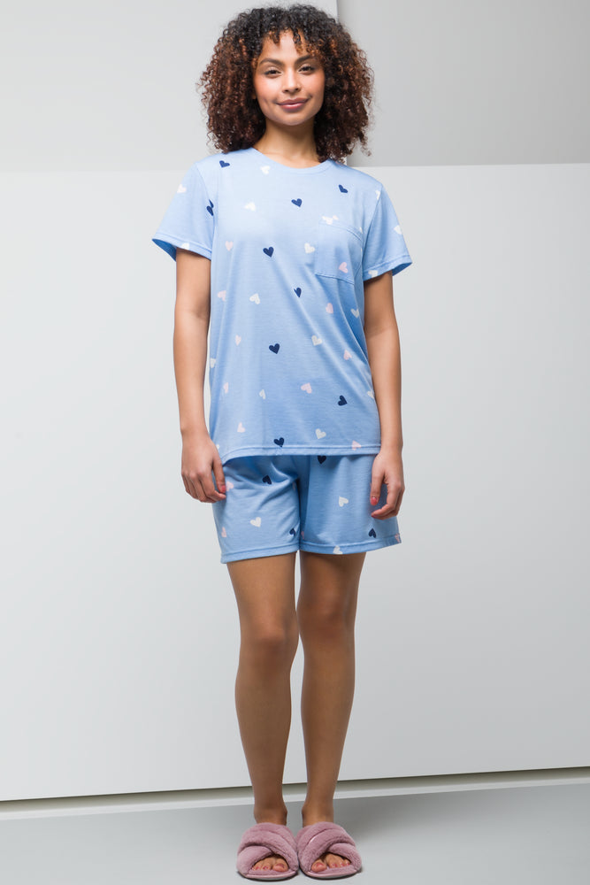 Heart Print Shorty With Chest Pocket Set Blue Sleepwear Ackermans