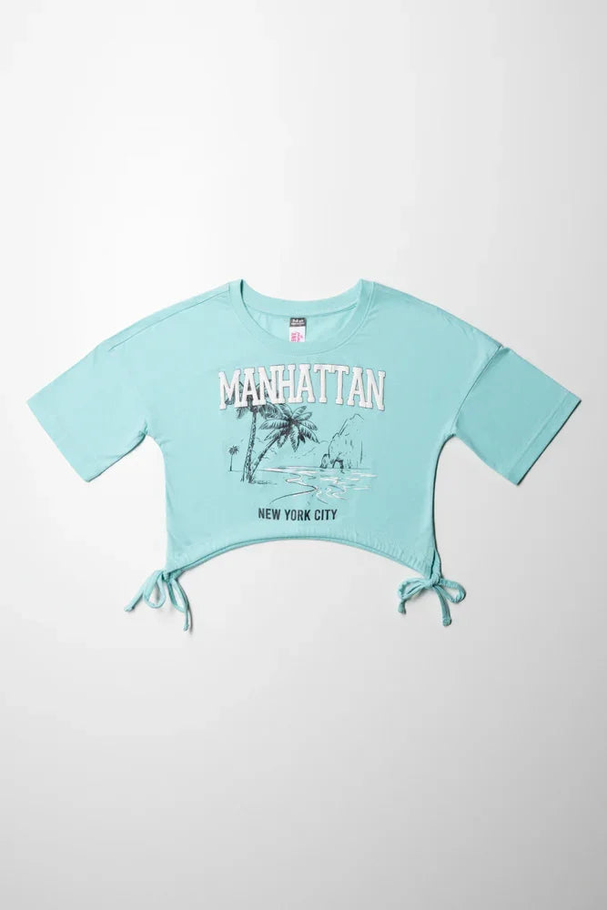 Manhatten Cropped Curved Hem T-Shirt Aqua