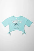 Manhatten Cropped Curved Hem T-Shirt Aqua