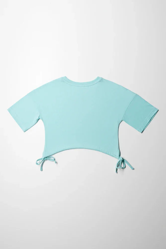 Manhatten Cropped Curved Hem T-Shirt Aqua (2)