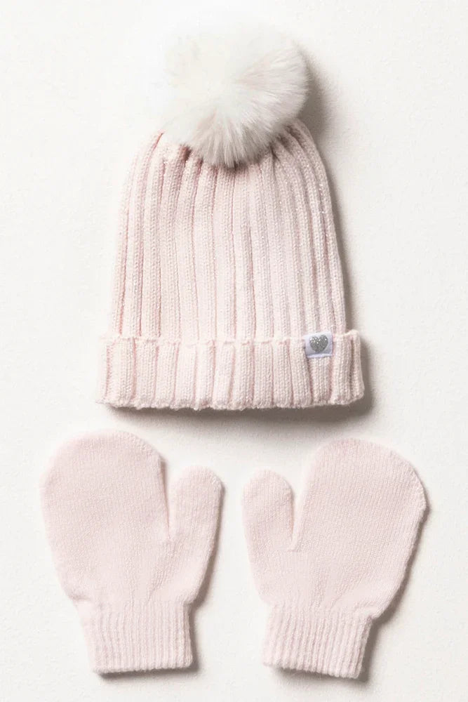 Pom-Pom Hat And Gloves Set Girls Pink