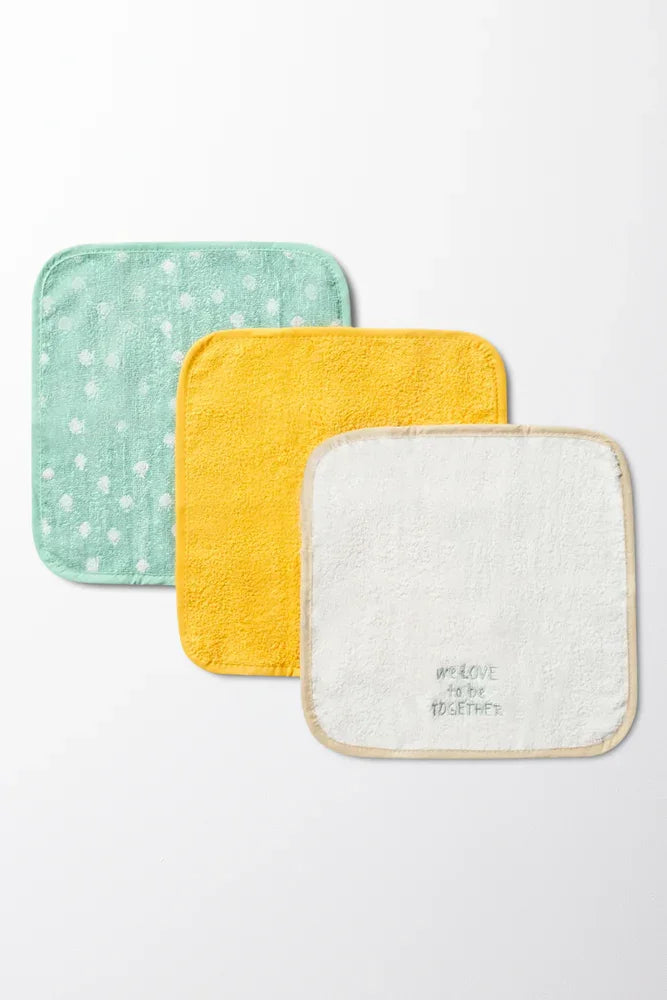 3 Pack Face Cloths White, Yellow & Green