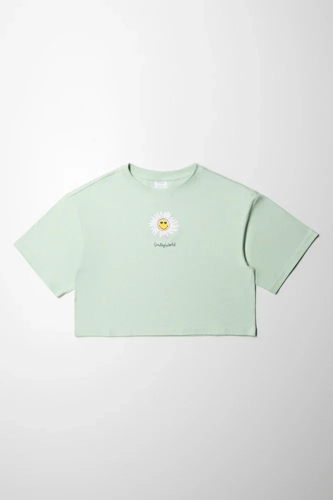 Daisy Smiley Crop Boxy T-Shirt Green