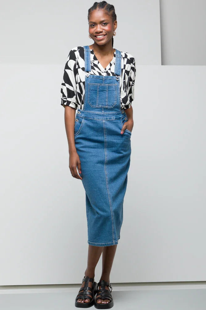 Denim Dungaree Dress Mid Blue Ackermans