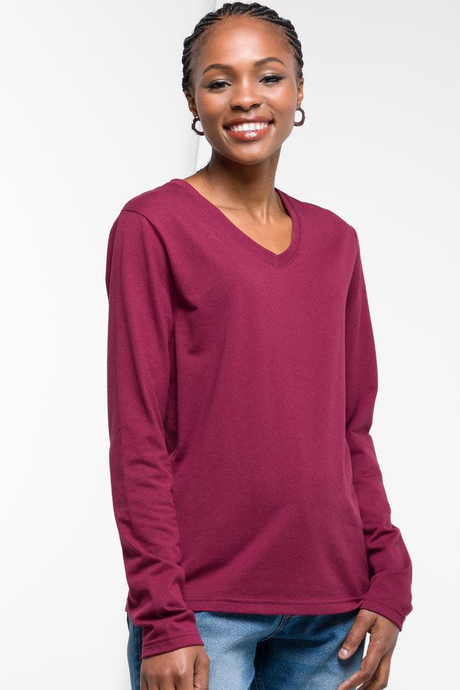 Red v neck long sleeve shirt best sale