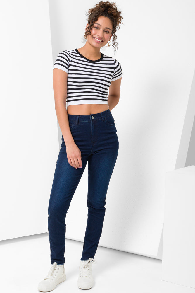 Frayed Hem Skinny Denim Jeans Dark Blue Ackermans