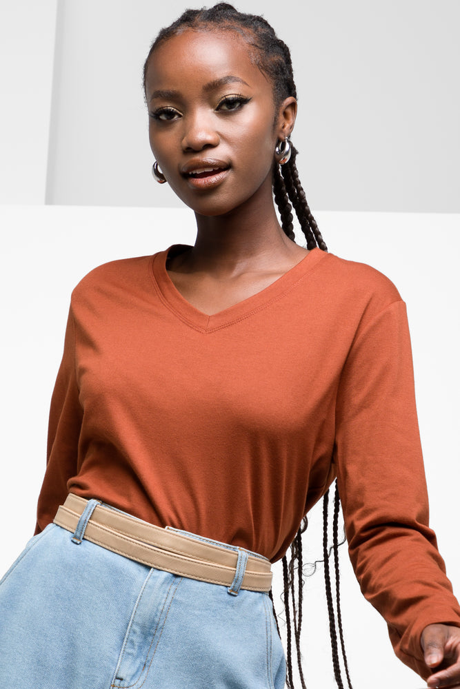 Long Sleeve V Neck T Shirt Brown
