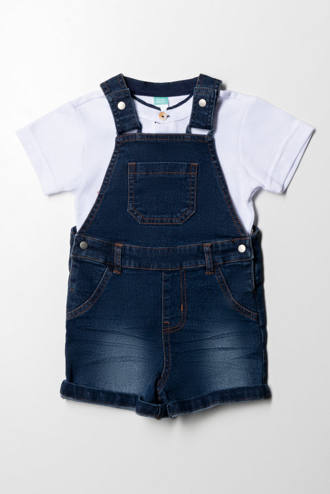 Denim Dungaree With Mandarin Collar Pique Tee Set Indigo