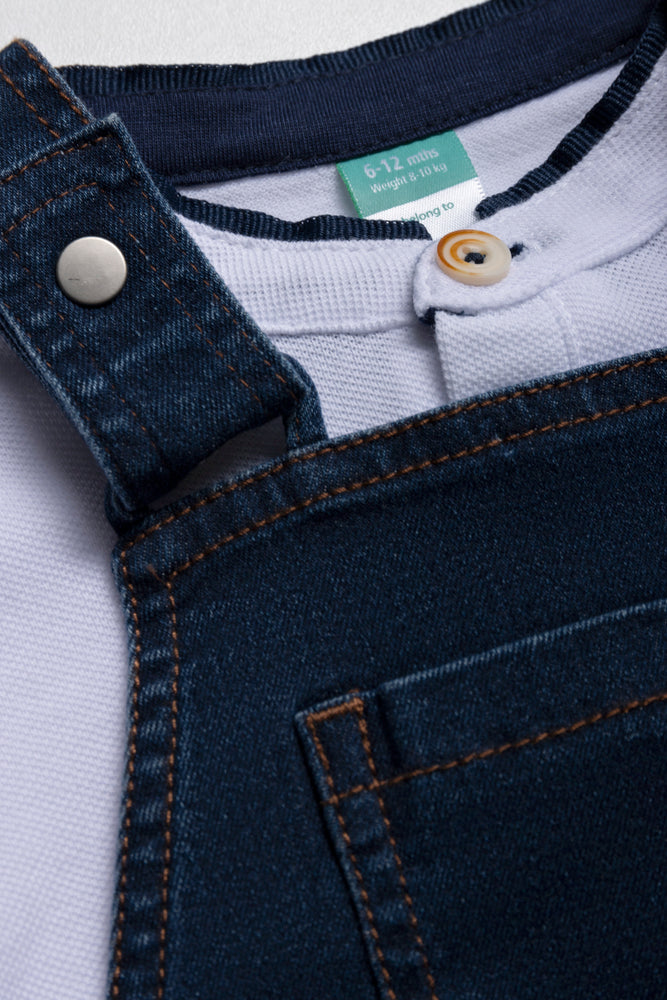 Denim Dungaree With Mandarin Collar Pique Tee Set Indigo