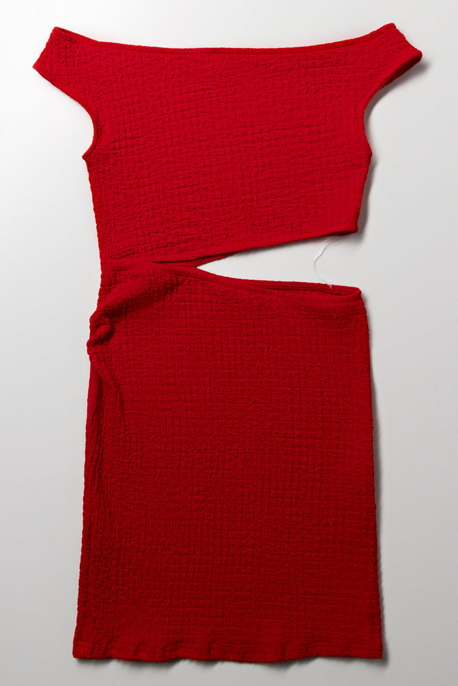 Crinkle Knit Cut Out Dress Red
