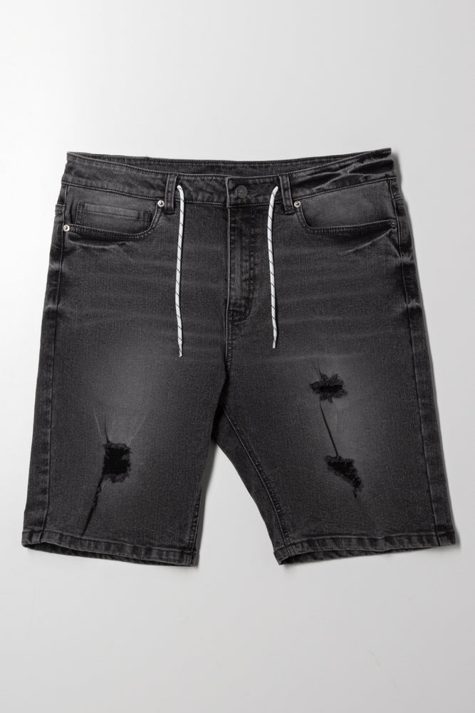Ripped Denim Short With Drawstring Black