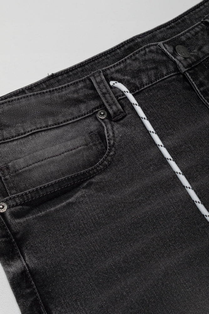 Ripped Denim Short With Drawstring Black