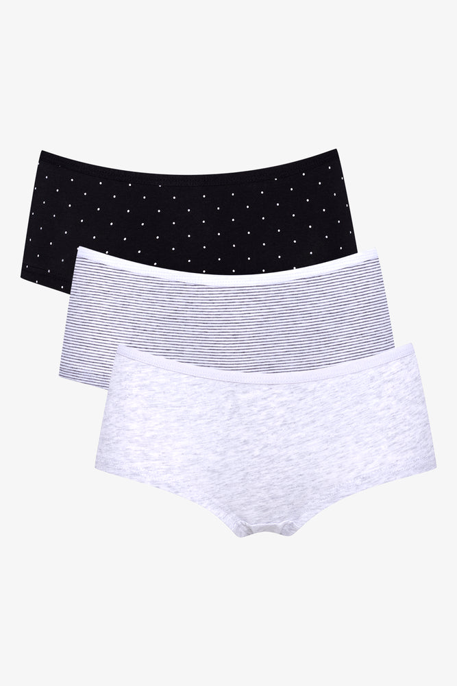 3 Pack Boyleg Panties Black, White And Grey