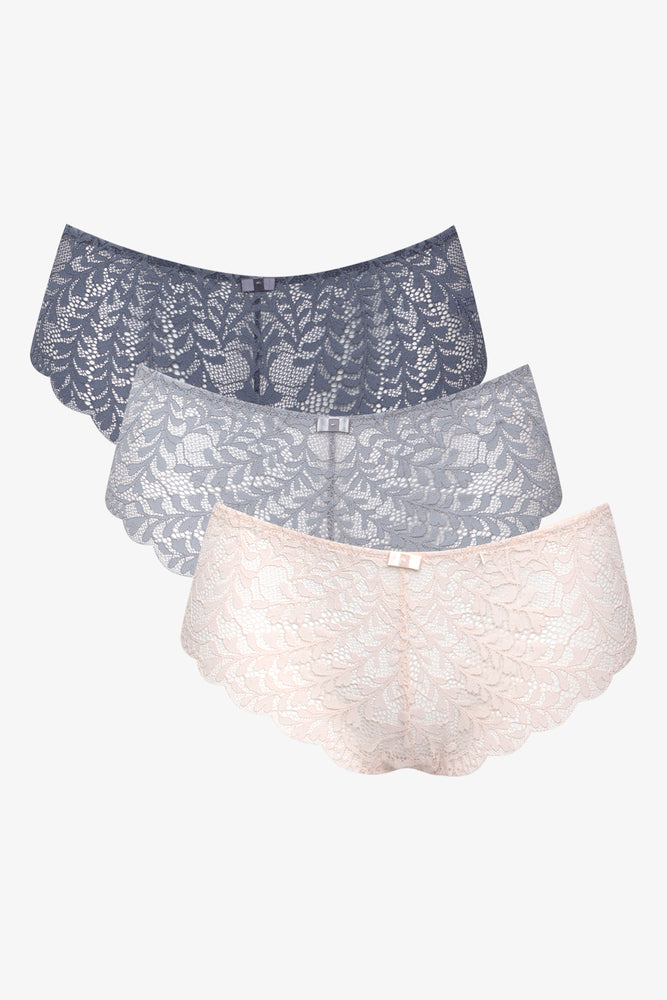 3 Pack Lace Boyleg Blue, Grey & Natural