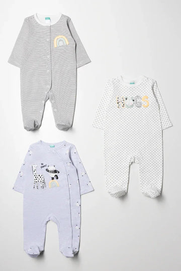 3 Pack Babygrow Grey, Blue & White