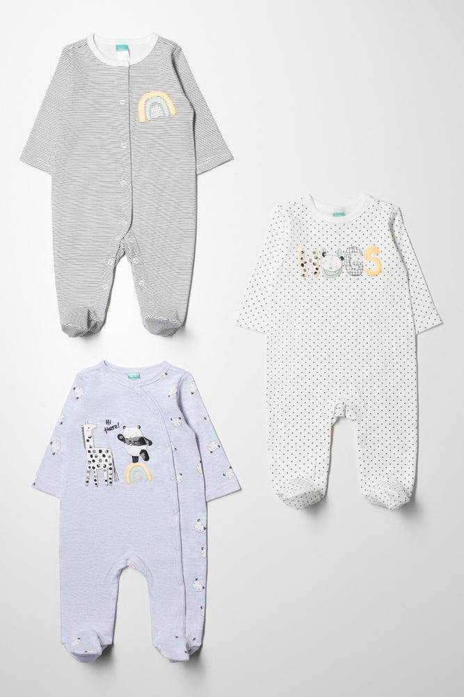 3 Pack Babygrow Grey, Blue & White