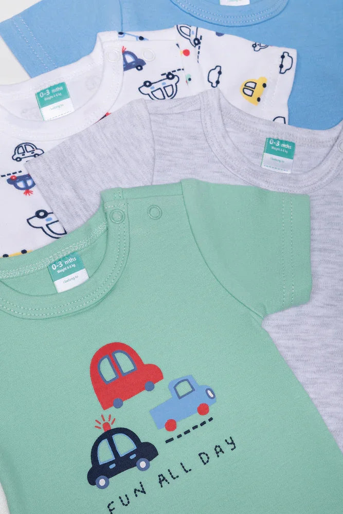 4 Pack Short Sleeve Bodyvests Blue, Grey, White And Green