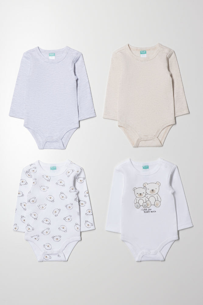 4 Pack Long Sleeve Bodyvests Grey, Natural And White