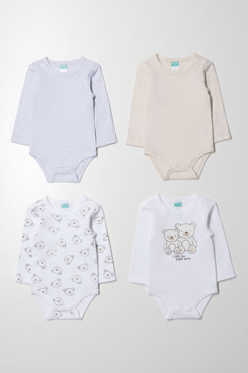 4 Pack Long Sleeve Bodyvests Grey, Natural And White