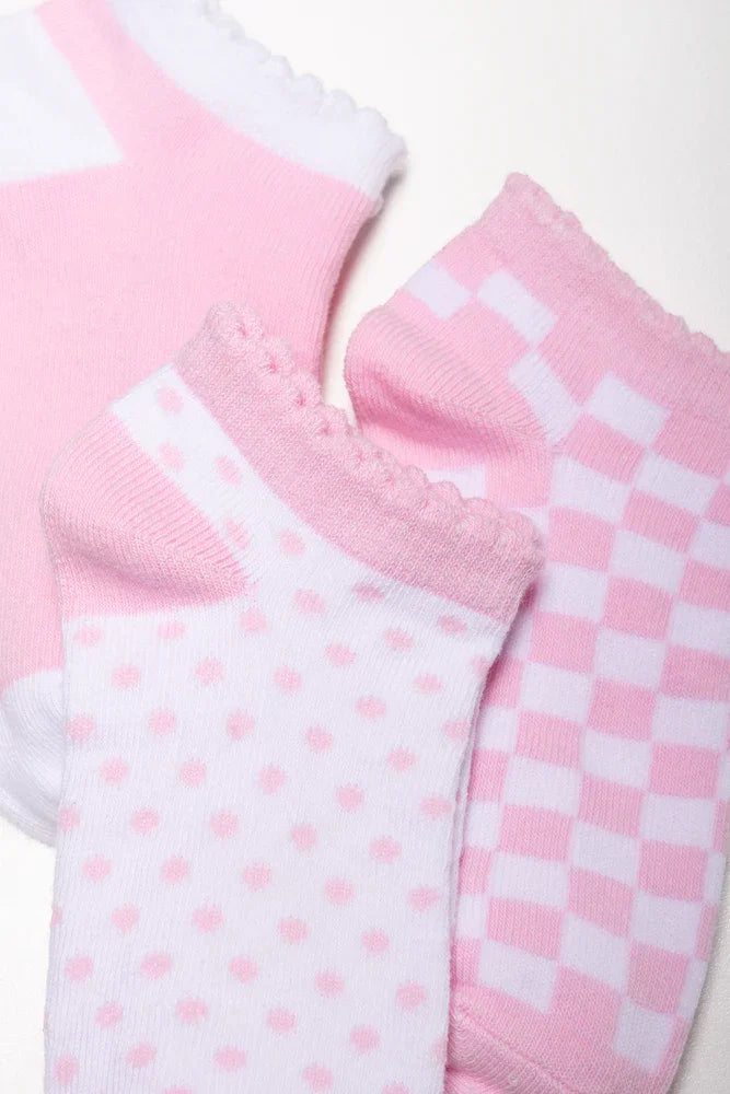 3 Pack Check And Spot Socks Pink