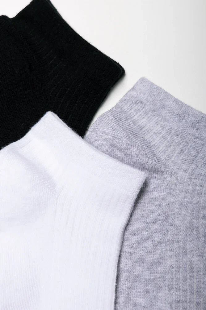 3 Pack Low Leg Socks Black, White And Grey