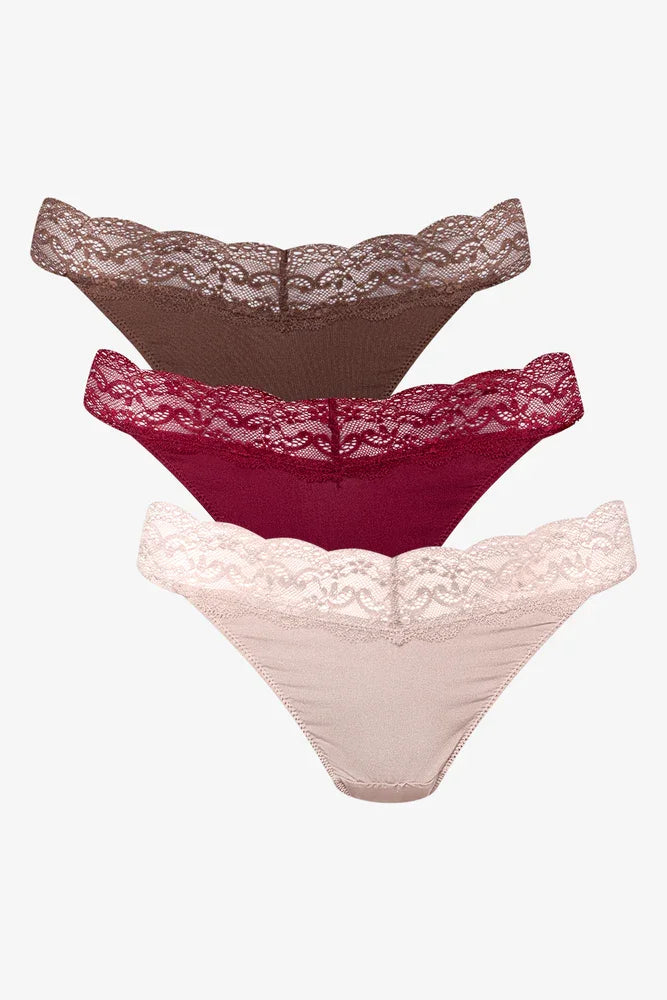 3 Pack Lace Trim Thong Burgundy & Natural (1)