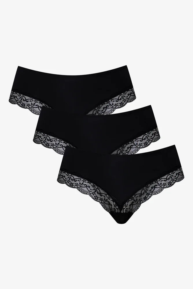 3 Pack Lace Trim Brazilian Panties Black