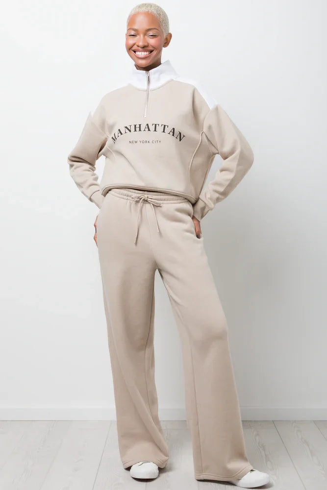 Wide Leg Fleece Pants Natural