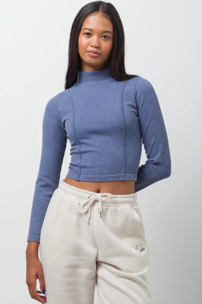 SEAMLESS ACID WASH TOP NAVY