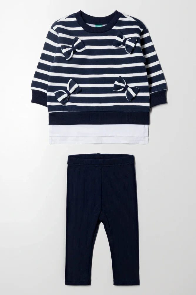 Stripe Fleece Set With Bows Navy