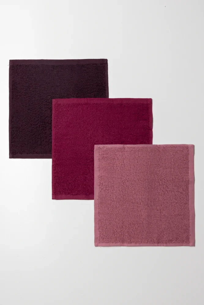 3 Pack Face Cloths Brown, Burgundy And Pink