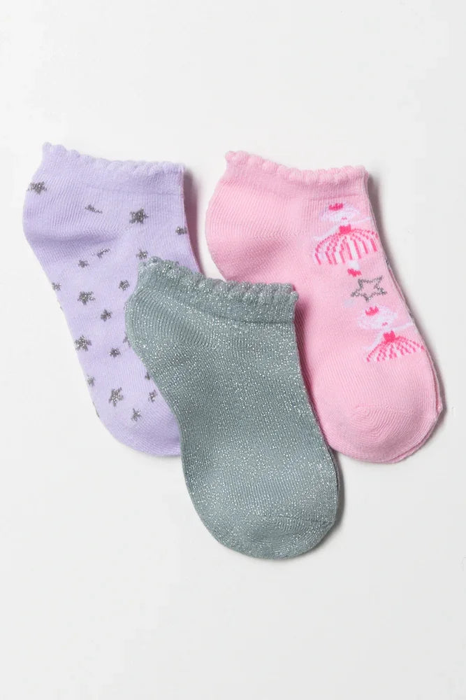 3 Pack Fairy Low Cut Socks Lilac, Pink And Grey
