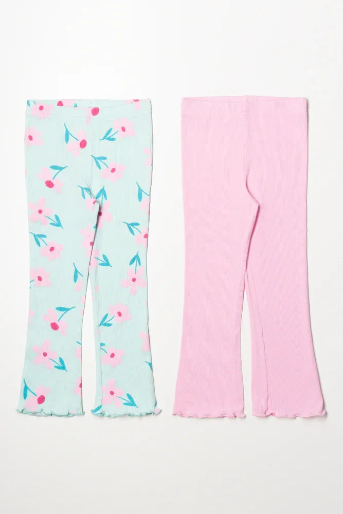 2 Pack Floral Flare Leggings Green And Pink