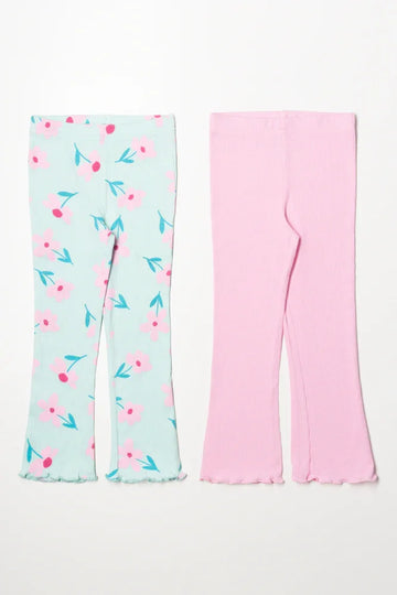 2 Pack Floral Flare Leggings Green And Pink