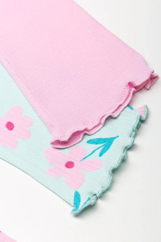 2 Pack Floral Flare Leggings Green And Pink (1)