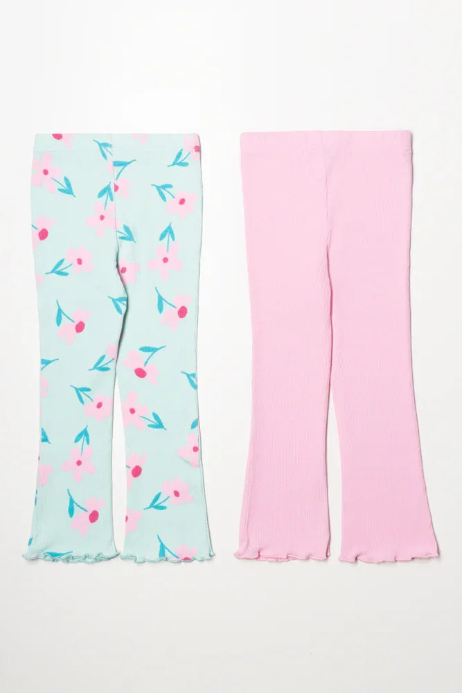 2 Pack Floral Flare Leggings Green And Pink (2)