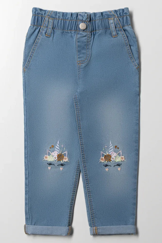 Unicorn Embroidered Denim Mom Jeans Blue