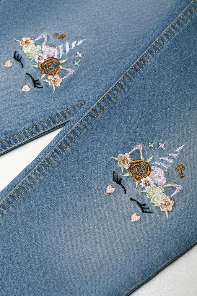 Unicorn Embroidered Denim Mom Jeans Blue