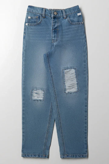Mini  Mom Abrasion Denim Jeans Blue
