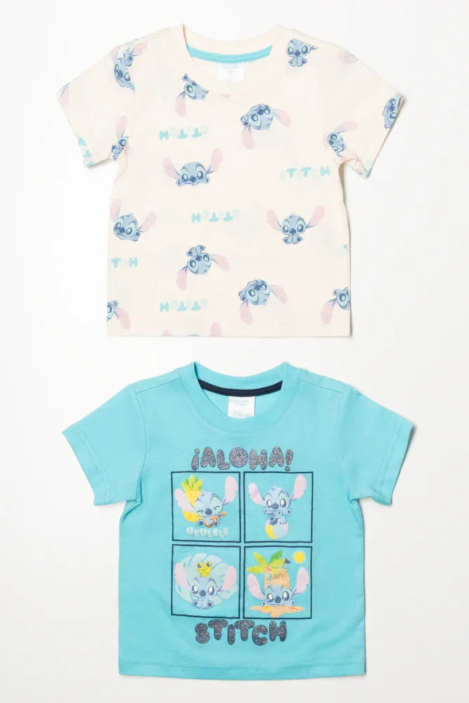 Lilo And Stitch 2 Pack T-Shirts Cream And Blue