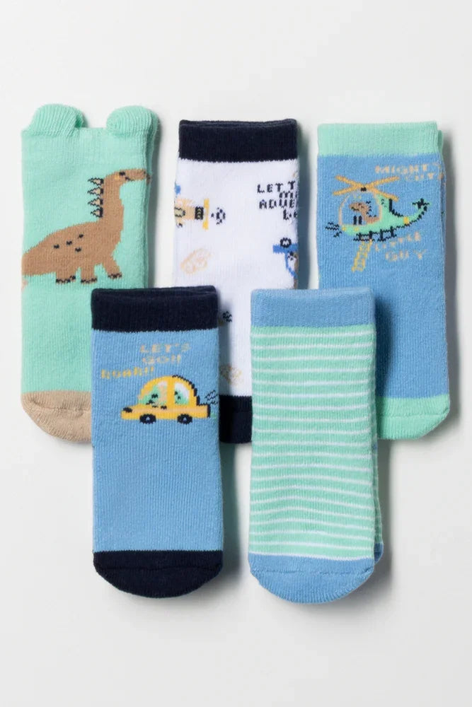 5 Pack Dinosaur And Car Socks Blue