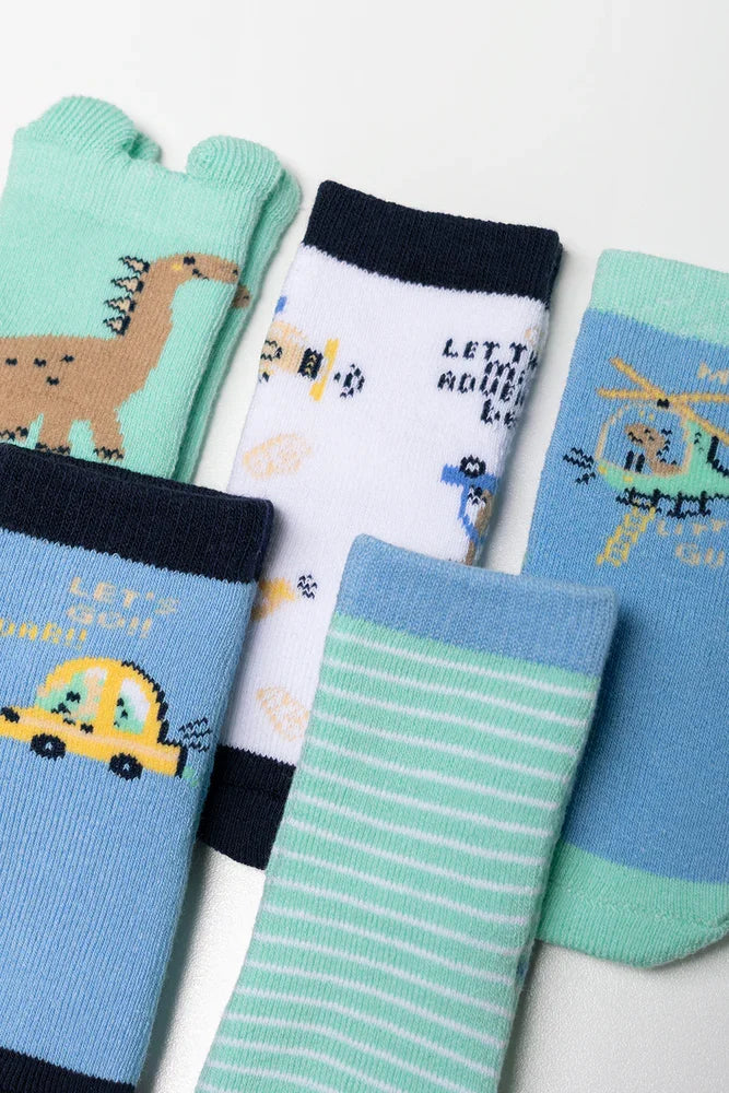 5 Pack Dinosaur And Car Socks Blue