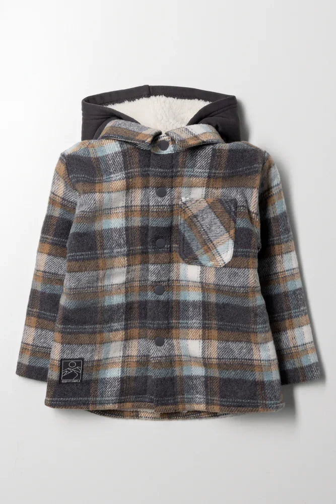 Hooded Check Shacket Grey And Blue