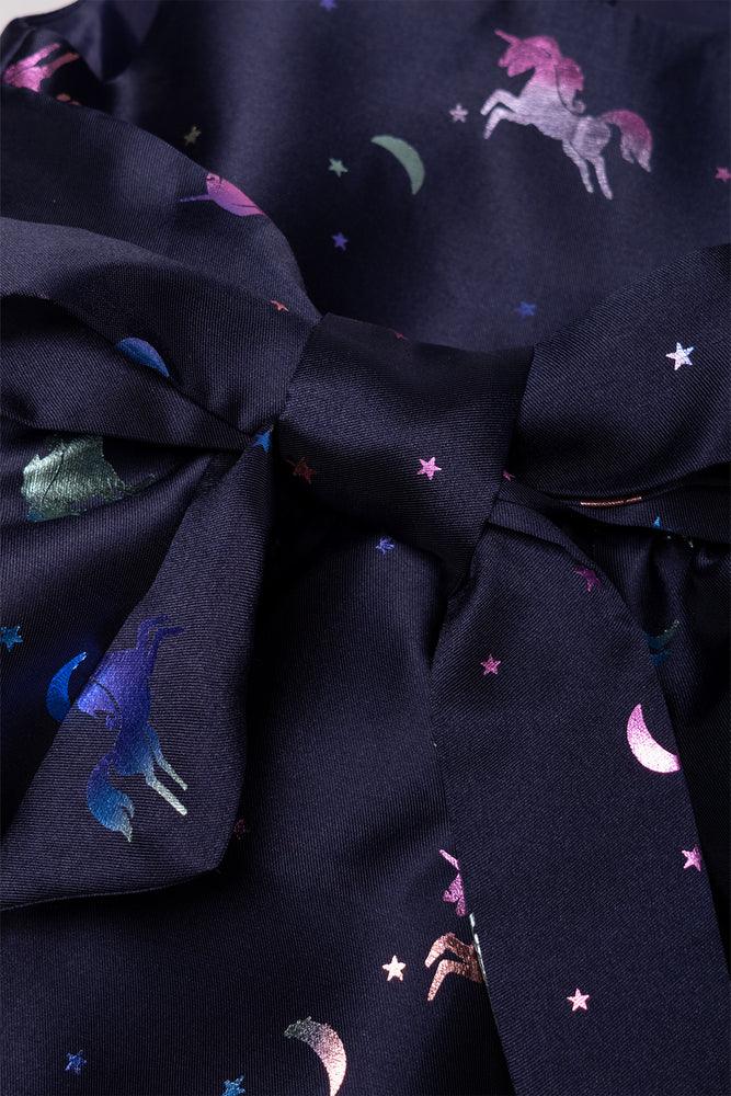 Unicorn Foil Sleeveless Dress With Bow Navy