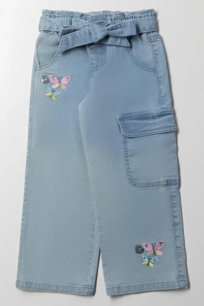 Butterfly Embroidery Wide Leg Denim Jean Blue