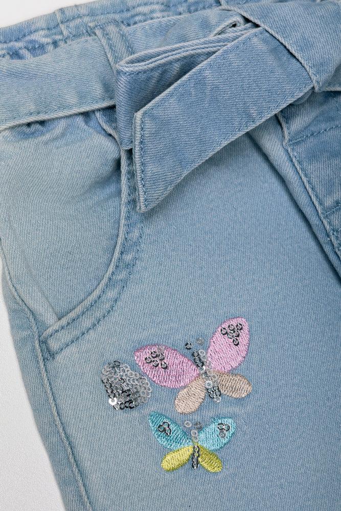 Butterfly Embroidery Wide Leg Denim Jean Blue