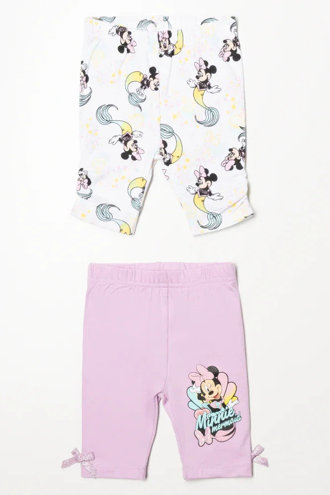 Minnie Mouse 2 Pack Cropped Leggings White And Lilac