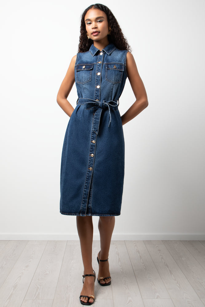Sleeveless Button Through Denim Dress Blue