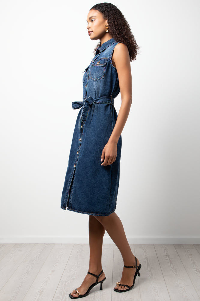 Sleeveless Button Through Denim Dress Blue