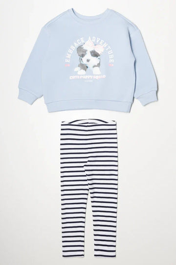 Puppy Crew Neck With Stripe Leggings Set Blue